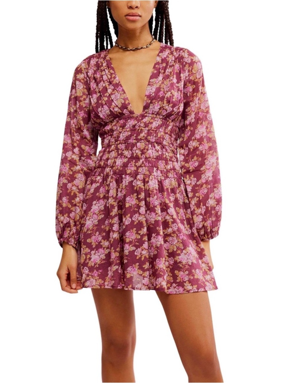 Free People - ‘Berry Combo’ Floral Smocked Waist V-Neck Mini Dress sz Small